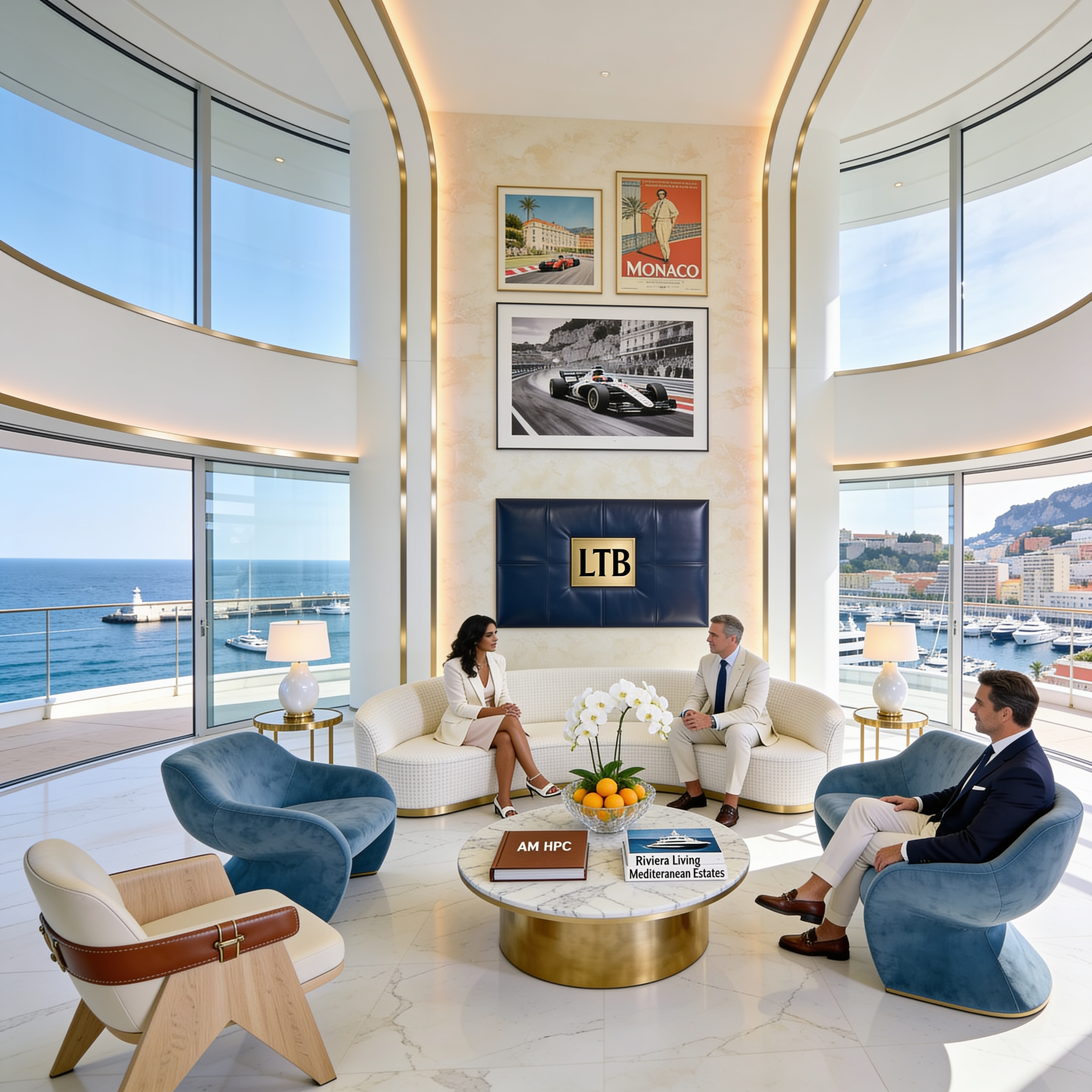 Monaco interior arranged for conversation overlooking the Mediterranean